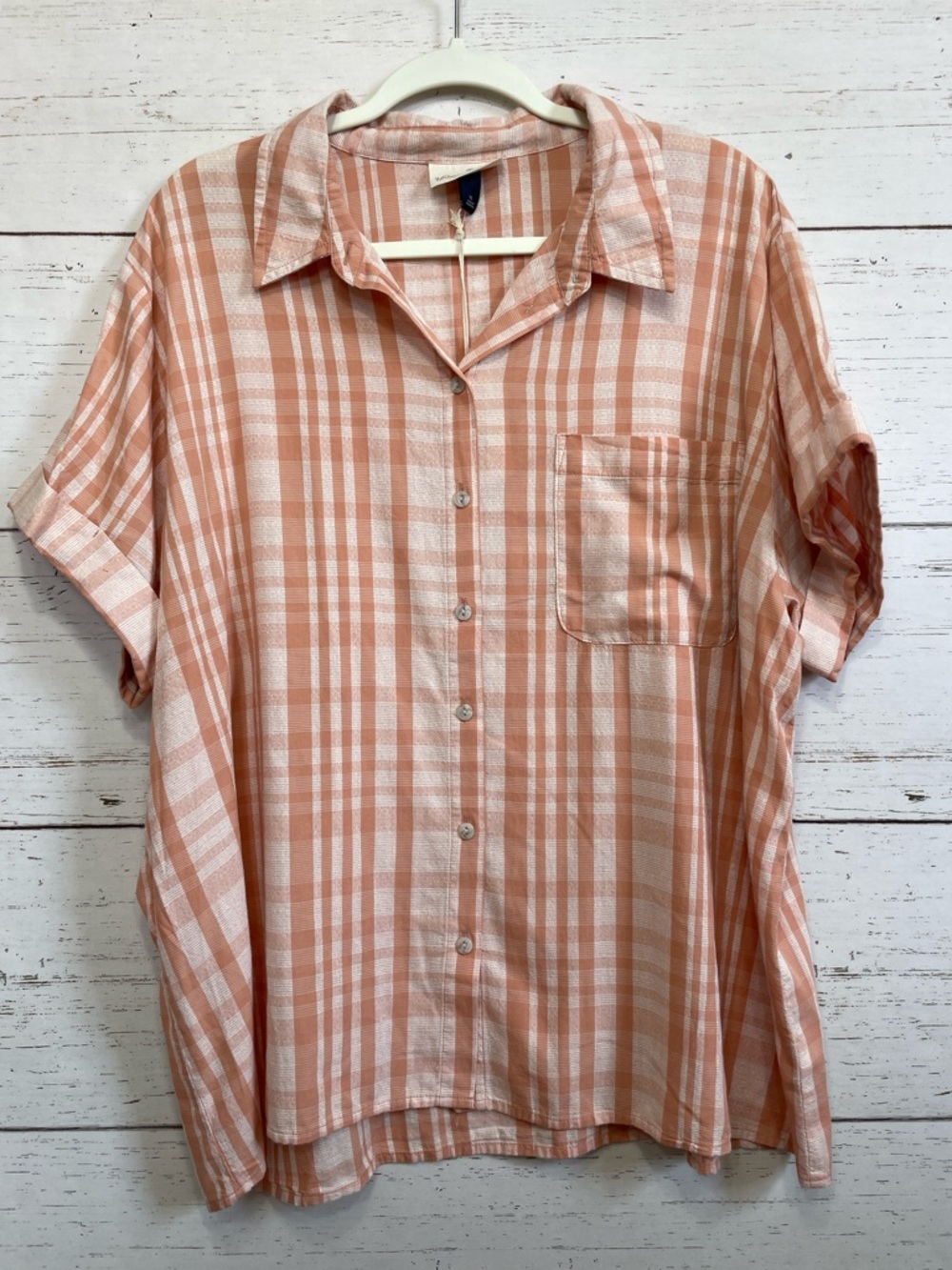 Universal Thread Coral & White Plaid Button Front Shirt, size XL, NWT